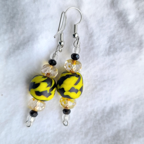Bumblebee yellow and black fused recycled African bead hook earrings - Picture 2 of 3